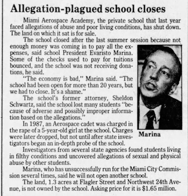 Miami Herald newspaper clipping about Miami Aerospace Academy closing due to allegations