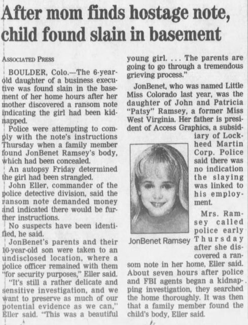 Chicago Tribune newspaper clipping about JonBenet Ramsey's body being found with a note.