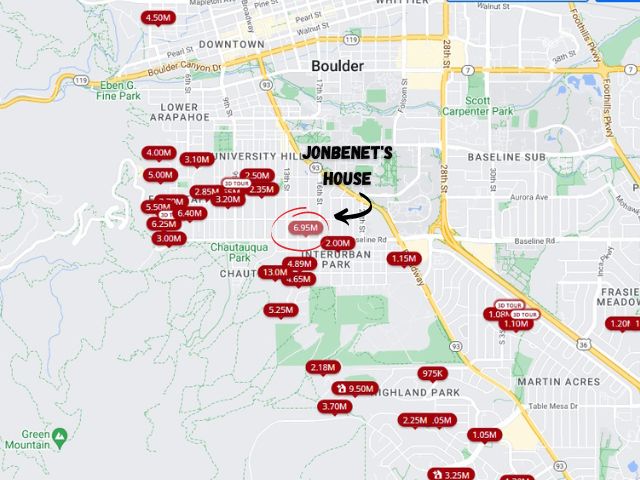 A screenshot of a Zillow sales map with a circle and an arrow indicating the sales price of JonBenet Ramsey's home in comparison to other houses for sale in the area.