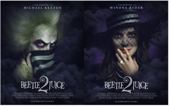 Screenshot of Beetlejuice 2 concept art posters featuring Michael Keaton and Winona Ryder from Alex Murillo Art.