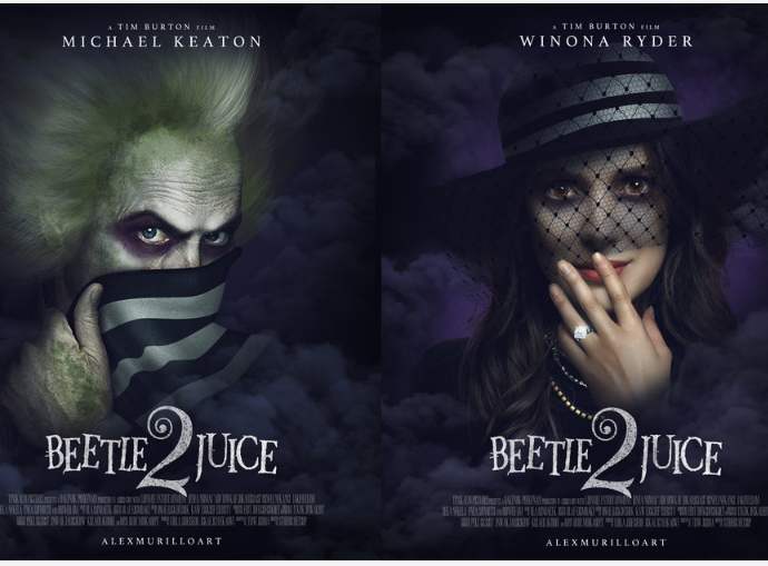 Screenshot of Beetlejuice 2 concept art posters featuring Michael Keaton and Winona Ryder from Alex Murillo Art.