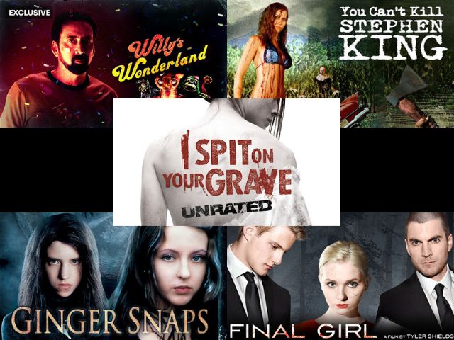 I Spit on Your Grave, Willy's Wonderland, Ginger Snaps, Final Girl, You Can't Kill Stephen King collage posters Crackle Redbox June 2023