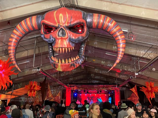 Giant demon skull at one of the event spaces at Frozen Dead Guy Days