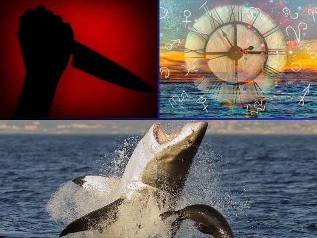 Hand with butcher knife, zodiac symbols on water and breaching great white shark 