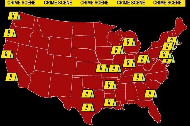 Red map of US with true crime markers on states with top true crime tourism