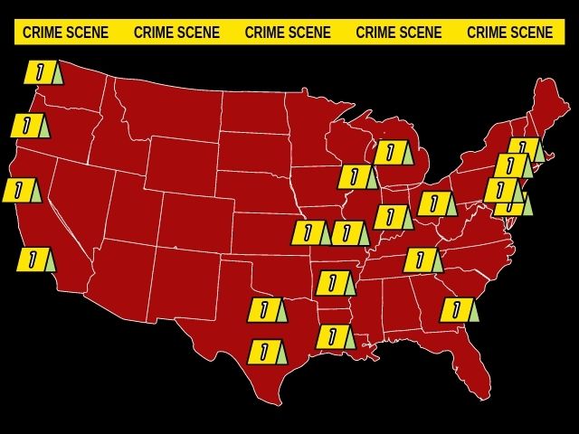 Red map of US with true crime markers on states with top true crime tourism
