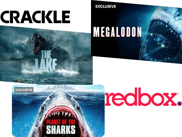 Crackle Redbox July 2023 featured shark movies collage