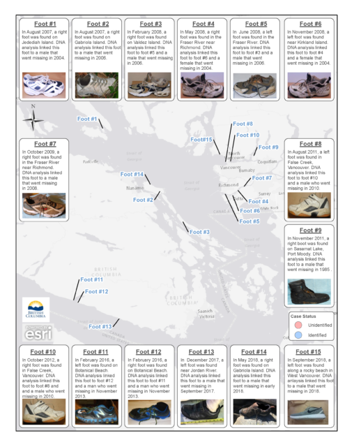 British Columbia Coroners Service map of feet found in B.C.
