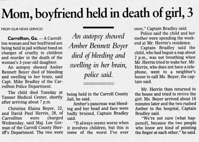 Newspaper clipping about Christina Boyer and David Herrin being held for three-year-old girl's death.