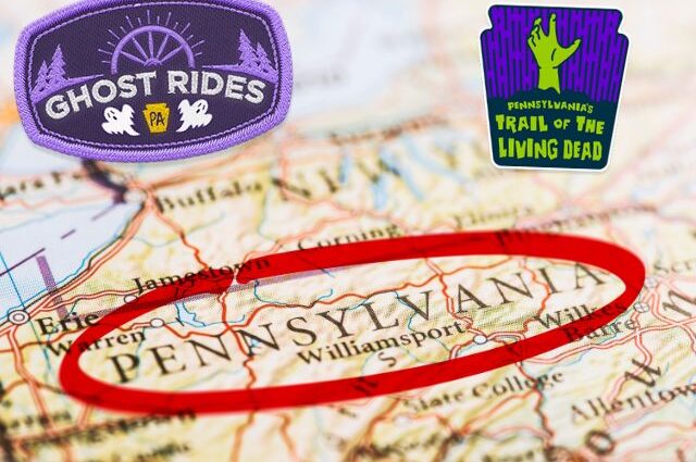 Map of Pennsylvania with Ghost Rides and Horror Film Trail badges