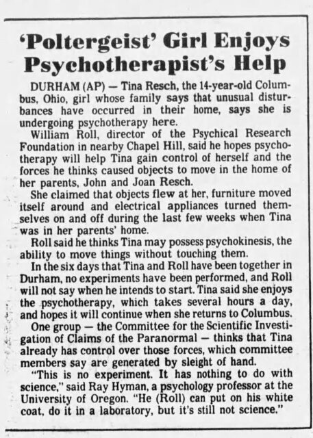Winston-Salem Journal newspaper clipping about poltergeist girl Tina Resch getting help in Durham from psychotherapist William Roll