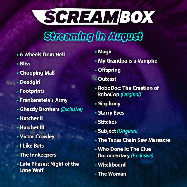 Screambox August 2023 streaming lineup