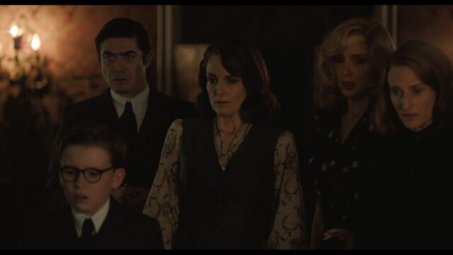 Jude Hill, Riccardo Scamarcio, Tina Fey, Kelly Reilly, and Camille Cottin in A Haunting in Venice