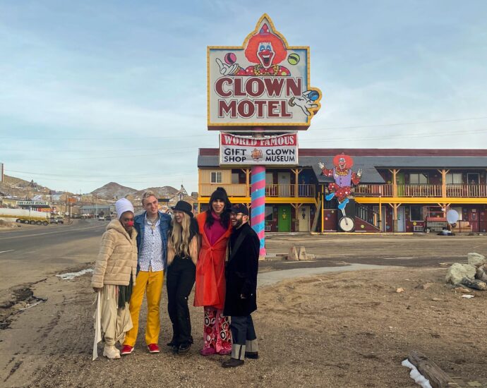 Living for the Dead cast Alex Le May, Juju Bae, Ken Boggle, Logan Taylor, Roz Hernandez in fro of the Clown Motel