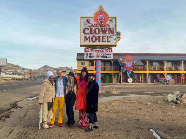 Living for the Dead cast Alex Le May, Juju Bae, Ken Boggle, Logan Taylor, Roz Hernandez in fro of the Clown Motel