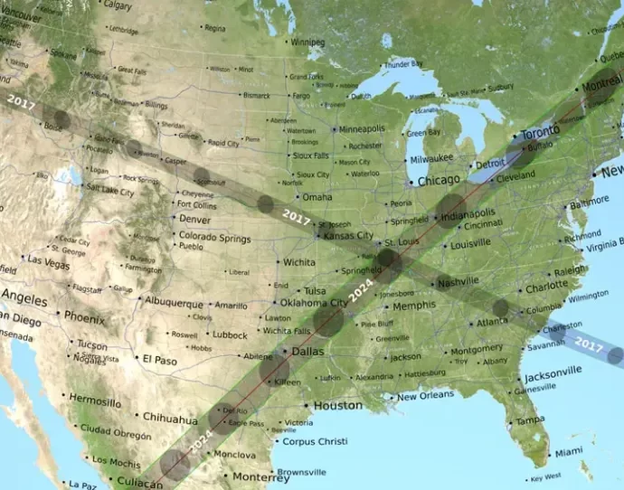 Eclipse Crossroads 2017 and 2024 total solar eclipses