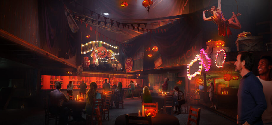 Artist rendering of a bar and stage venue at Universal Horror Unleashed.
