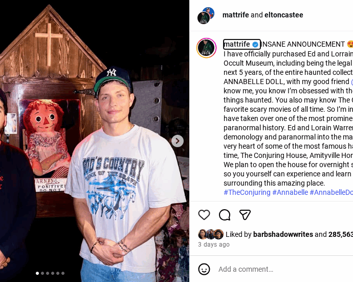 Screenshot of Matt Rife's Instagram announcement about buying Ed and Lorraine Warrens houses, including Annabelle and the Warren Occult Museum