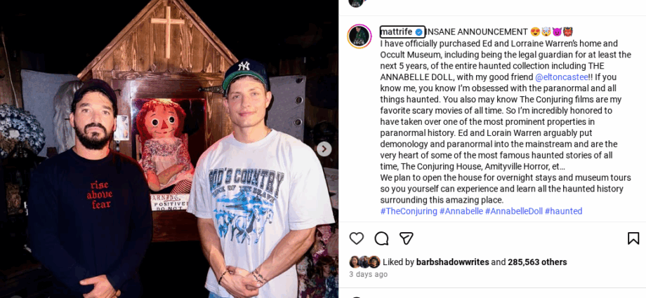 Screenshot of Matt Rife's Instagram announcement about buying Ed and Lorraine Warrens houses, including Annabelle and the Warren Occult Museum